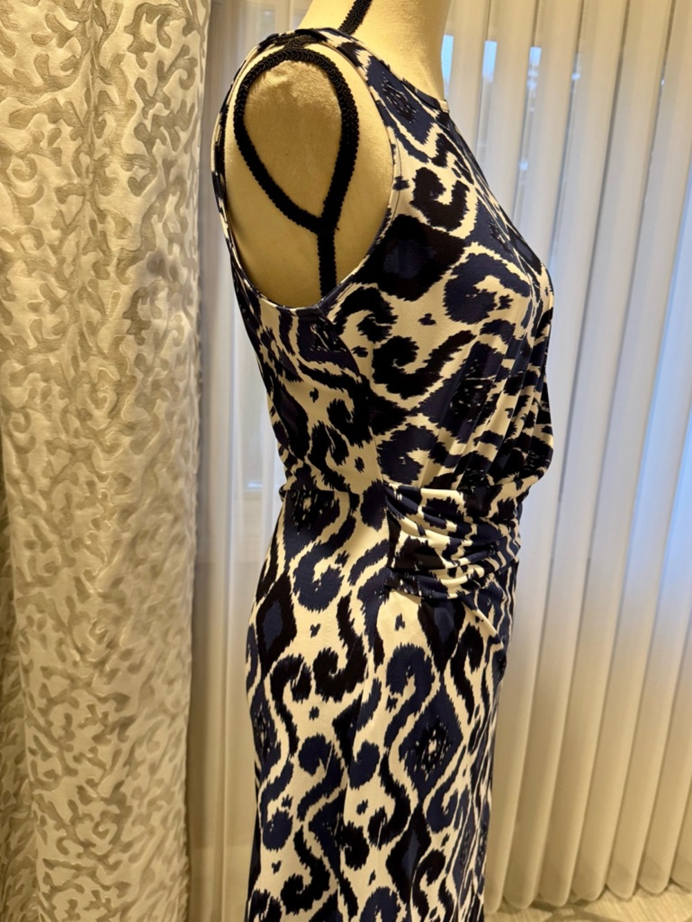 $155 Michael Kors Women’s Sleeveless Blue White Ikat Print Ruched Dress SZ Small - Picture 4 of 8